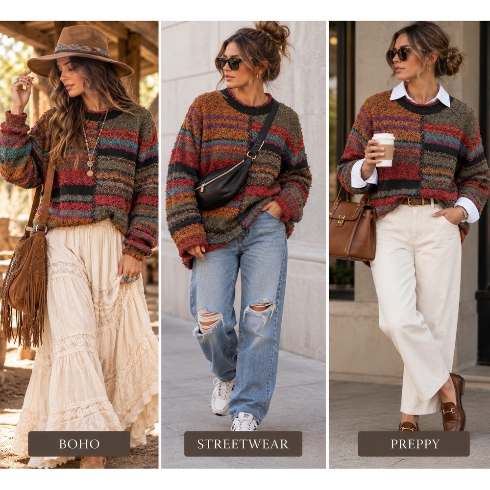 Patchwork Boucle Knit Sweater Coldwater Creek L Multi Color Boho Wool Blend